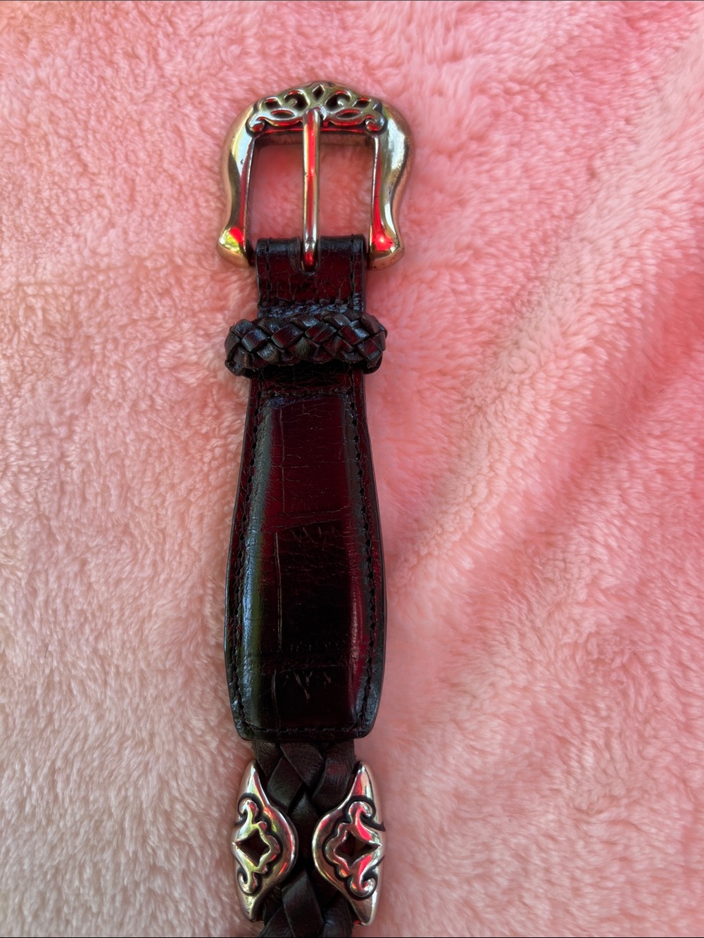Vintage 1996 Brighton Black Braided Leather Belt with Decorative Silver Buckle - Picture 3 of 9